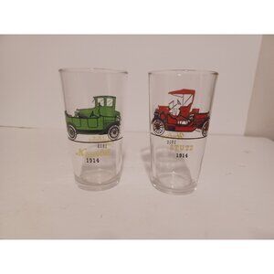 HAZEL ATLAS Drinking Glasses Tumblers 1900's Antique Cars set of 2 vintage